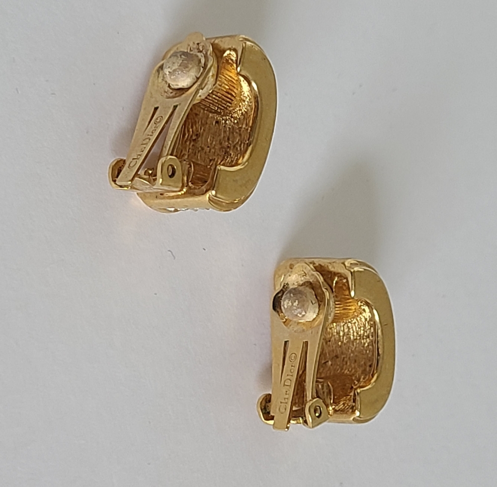 Vintage Christian Dior Designer Luxury Crystal Chunky Gold Clip On Stud Earrings - Picture 4 of 10